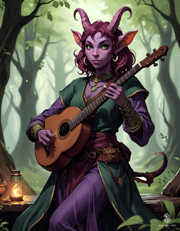 Lyrica Chantenuit is a charming tiefling bard with rich plum hair and vibrant purple skin. At 25, she skillfully plays her enchanted lute, accentuating her elegant gestures. With captivating green eyes and devilish horns, her nimble presence brings music and magic to every battlefield.