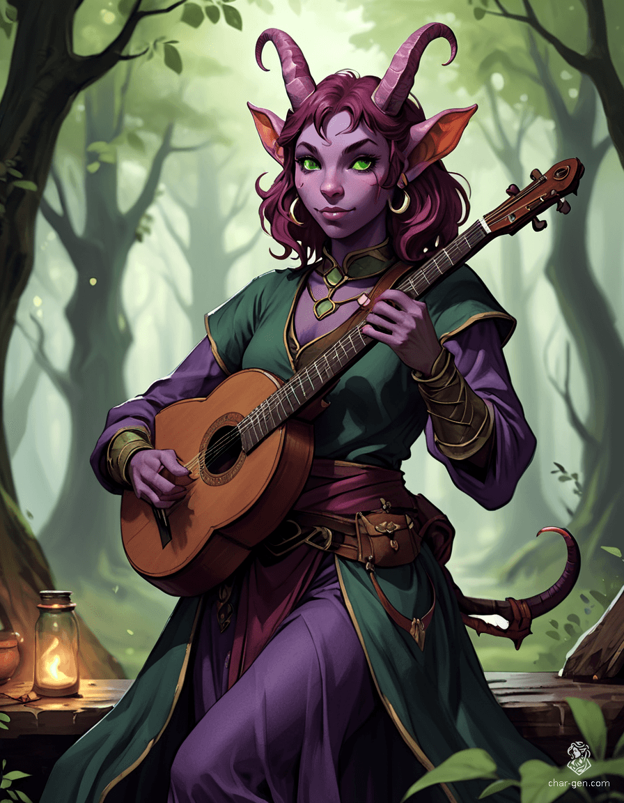 Lyrica Chantenuit is a charming tiefling bard with rich plum hair and vibrant purple skin. At 25, she skillfully plays her enchanted lute, accentuating her elegant gestures. With captivating green eyes and devilish horns, her nimble presence brings music and magic to every battlefield.