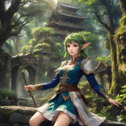 Elysia, the Moonlit Guardian, is an ethereal elf with silver hair cascading like starlight. Her keen emerald eyes reflect ancient wisdom, while her agile form glides silently through the enchanted forests. Wielding a bow crafted from the whispering trees, she protects her realm from dark forces.