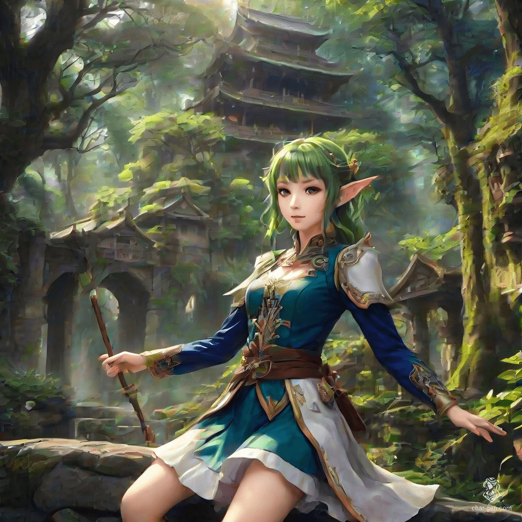 Elysia, the Moonlit Guardian, is an ethereal elf with silver hair cascading like starlight. Her keen emerald eyes reflect ancient wisdom, while her agile form glides silently through the enchanted forests. Wielding a bow crafted from the whispering trees, she protects her realm from dark forces.
