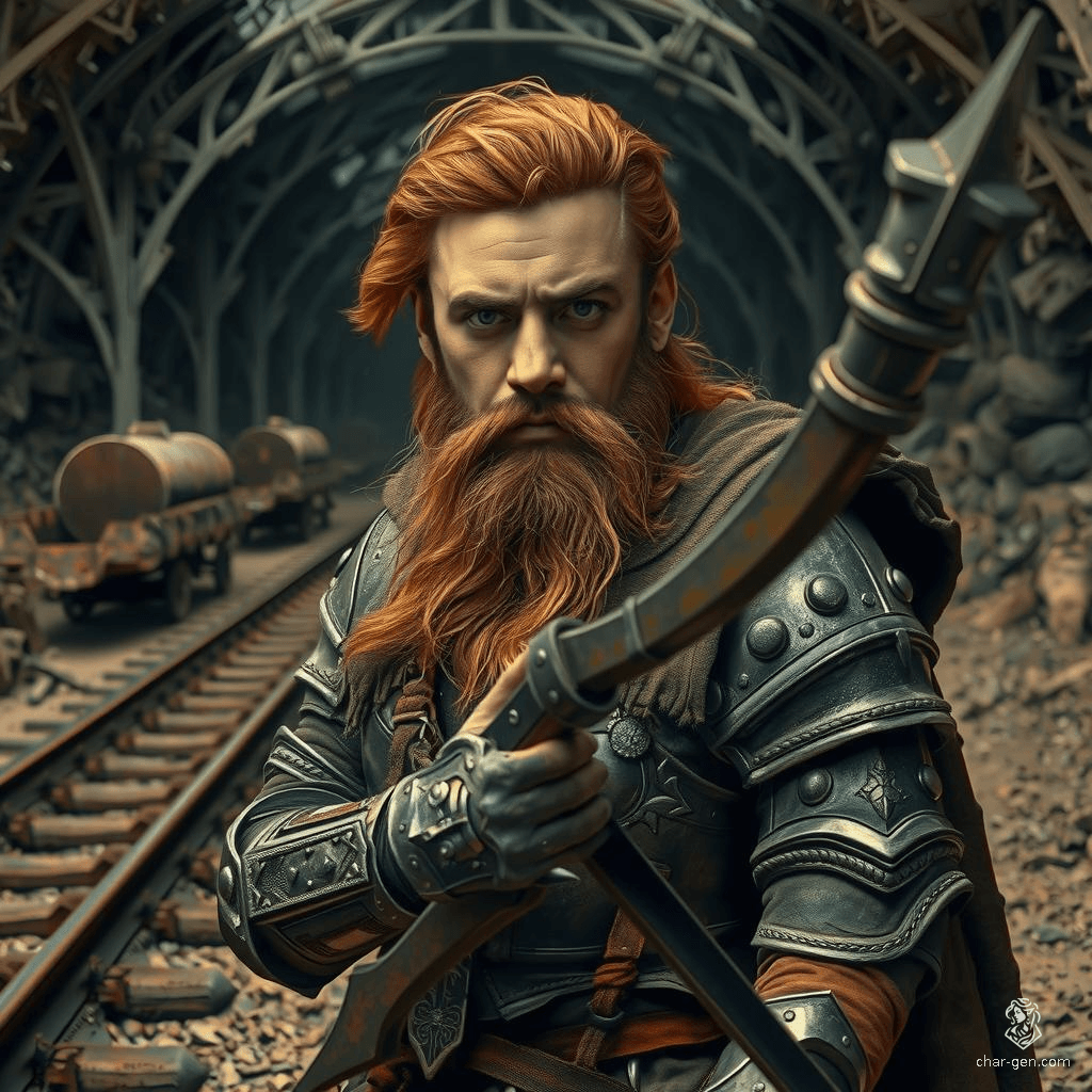 Taklinn, a rugged, light-skinned dwarf with a big beard and reddish-bronze hair, stands confident and battle-hardened in intricately detailed knightly plate armor. A 60-year-old mercenary veteran, Taklinn wields a halberd with unmatched skill. Scarred by a crushing defeat and a year in prison, he lives by a code of camaraderie and inner honor.