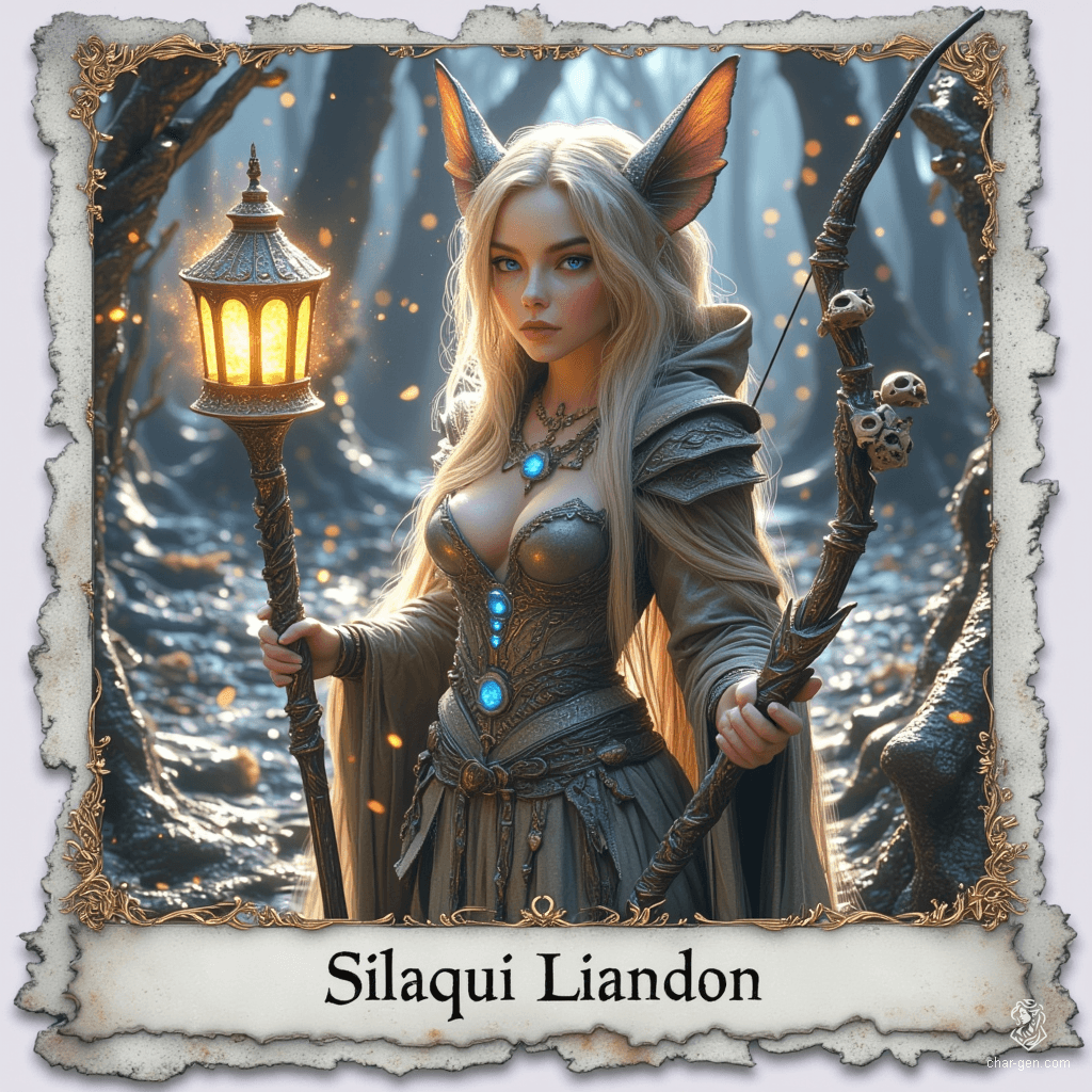Silaqui Liandon, a 345-year-old Wood Elf Druid, blends magic and nature. With captivating sapphire eyes and intricate leather armor, she wields a shortbow and commands animal companions. Haunted yet wise, she seeks redemption from a past filled with guilt, guided by arcane sigils and rituals.
