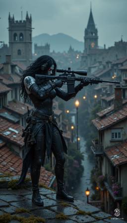 Anastasia Bellova is a stealthy shadar-kai artificer, exuding confidence and intelligence. With her jet-black hair, obsidian eyes, and pale skin, she wields mechanical devices alongside a sniper rifle. Her sleek, armored suit and nimble build make her the perfect rogue, blending seamlessly into the shadows of the night.