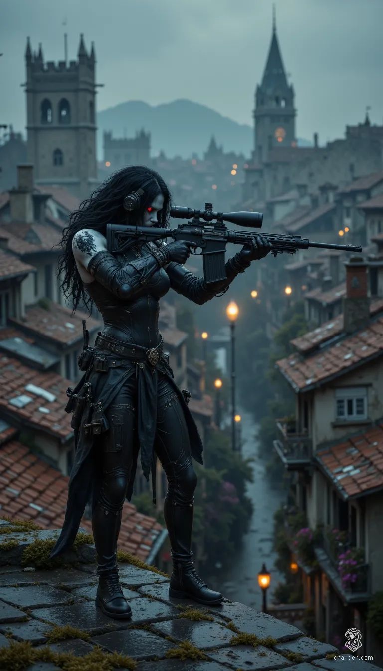 Anastasia Bellova is a stealthy shadar-kai artificer, exuding confidence and intelligence. With her jet-black hair, obsidian eyes, and pale skin, she wields mechanical devices alongside a sniper rifle. Her sleek, armored suit and nimble build make her the perfect rogue, blending seamlessly into the shadows of the night.