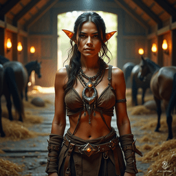A skilled female farrier, she wields a hammer with athletic grace, her tan skin gleaming amid the flying sparks of her forge. A mystical horseshoe amulet rests against her chest, while her wavy hair flows like the mane of the horse in the background, embodying strength and enchantment.