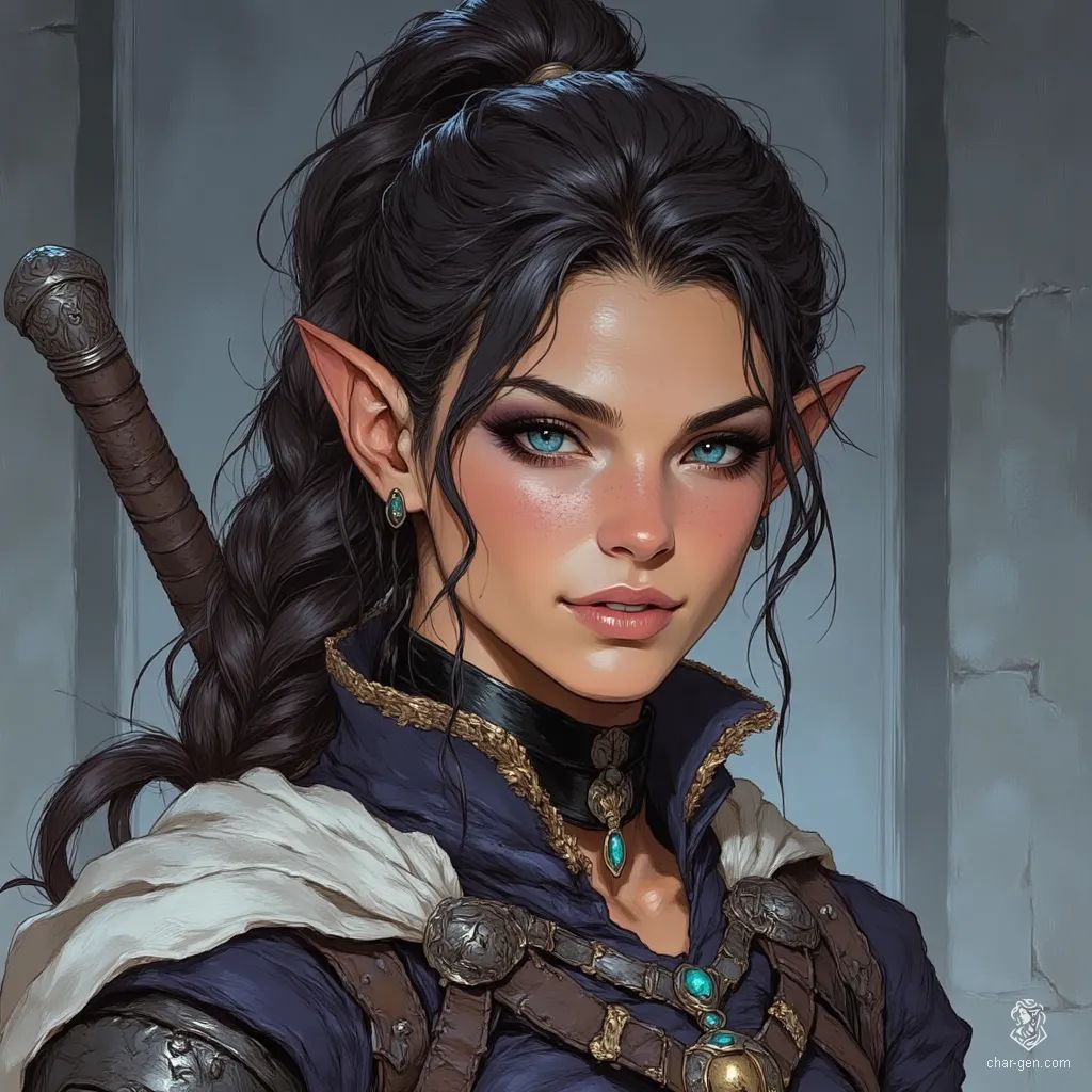 A captivating middle-aged female elf, she possesses striking blue eyes framed by prominent eye shadow. Her dark brown hair features loose fluffy bangs and a ponytail with a white streak. Clad in a dark pious robe, she wears a silver headband, multiple earrings, and a black choker with a bell charm, highlighting her enchanting presence.