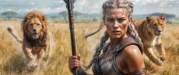 A fierce female barbarian with silver braided hair, clad in leather armor and wielding a spear, stands resolute on the sunlit savanna. Flanked by two powerful lionesses, her intense gaze and vibrant presence capture the wild strength and untamed spirit of the grasslands.