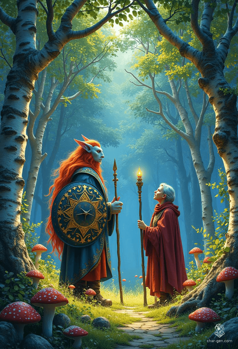 Gerald is a gentle firbolg cleric, standing tall with light blue skin and striking red hair. His serene demeanor is enhanced by his prominent holy symbol and intricately detailed shield. A wise sage, he wields a quarterstaff and embodies a beauty that reflects truth, yet struggles with secrecy.