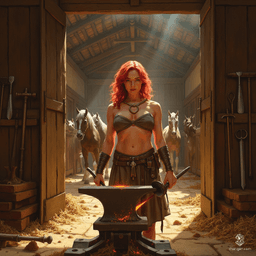 Amidst the sparks of her forge, a tan-skinned farrier with bold cherry red hair expertly crafts weapons, embodying strength and skill. Wearing a mystical horseshoe amulet, she blends human athleticism with equestrian spirit, her loyal horse standing proudly in the background.