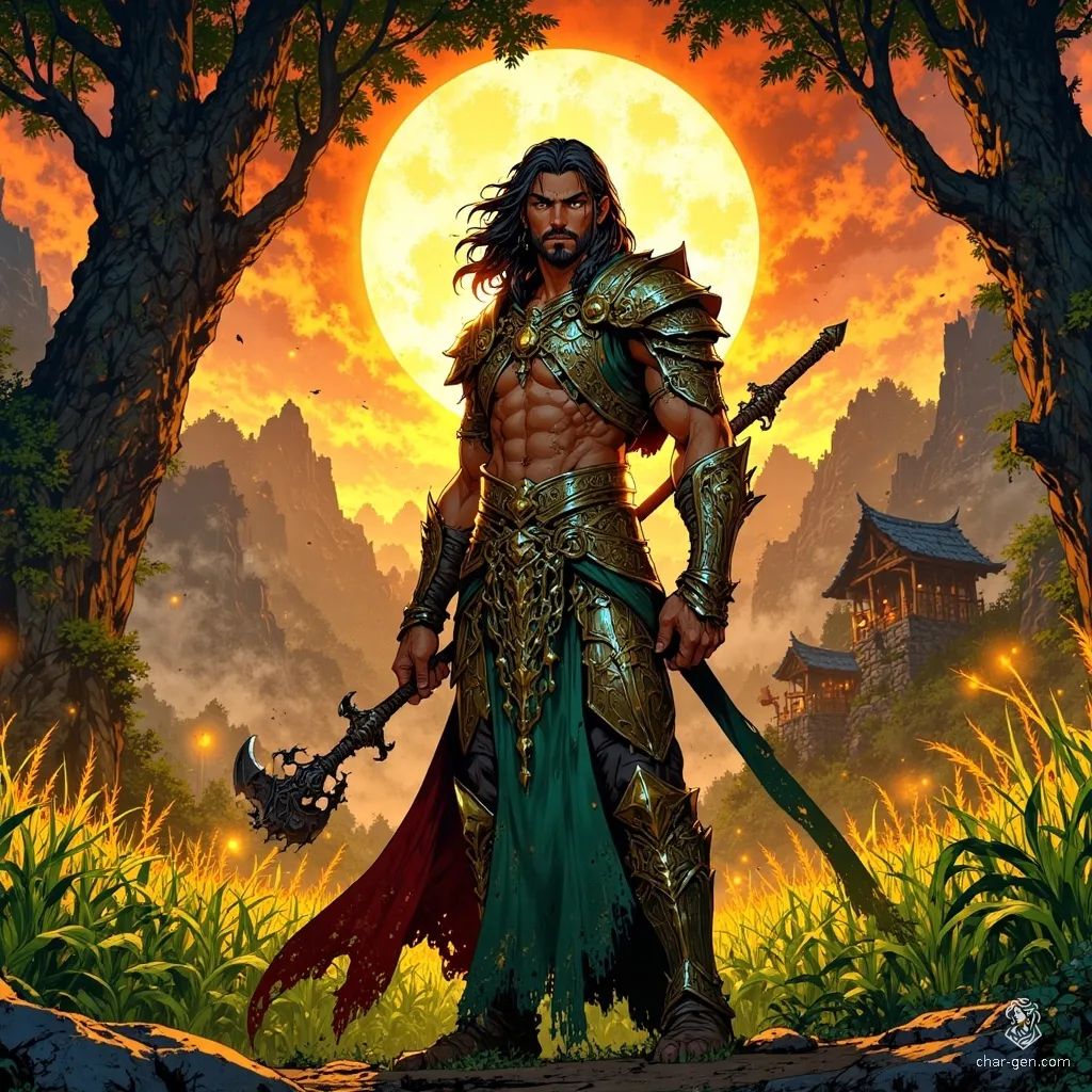 Rojena Golden Reaper Maize-Sweet is a radiant male lunar priestess draped in gold and jade robes, wielding a shining sickle. He stands amidst towering, glowing maize fields, his subtle sinister smile illuminated by warm sunset light, blending sacred grace with an unsettling edge.