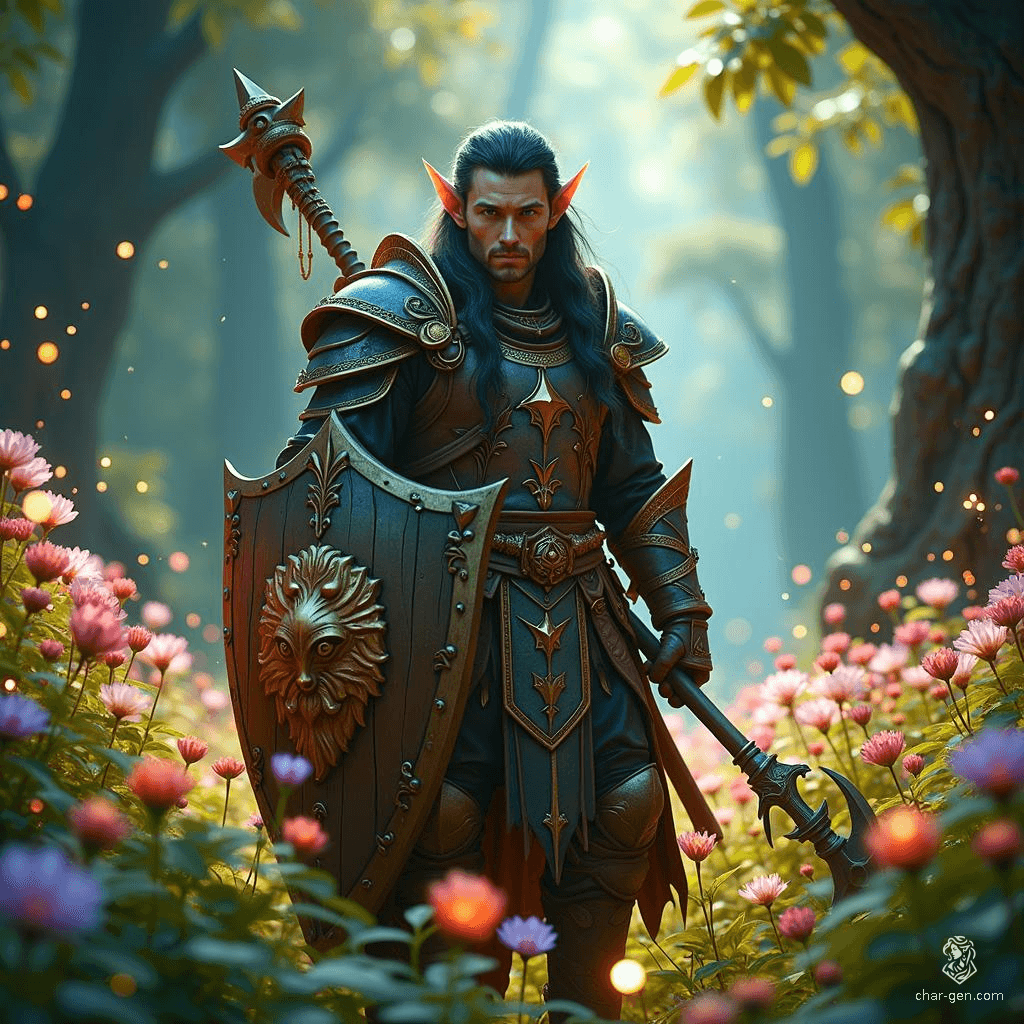 Elandor, a regal wood elf druid, embodies the harmony of nature with his fair skin and jet black hair. Adorned in leather armor, he wields a moon sickle and a intricately carved wooden shield. Accompanied by loyal animal companions, he protects the forest’s secrets.