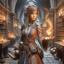 Gemma Fizzle ClatterBang Twizzlespark is a 3'1" rock gnome wizard and master fireworks artisan. With tan skin, striking blue eyes, and light red-brown hair streaked with purple and silver, she wields a scimitar and dagger, donned in ornate enchanted robes. She travels to perfect her craft.