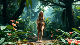 A mesmerizing jungle sprawls with lush, towering trees and vibrant flora, their details hyperrealistic and rich in color. Shafts of golden sunlight pierce the dense canopy, illuminating the path of a 22-year-old woman with flowing blonde hair and primitive attire.