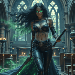 A level 20 human warlock serving the Raven Queen, she commands a two-handed claymore that hungers for souls, exuding an aura of dark magic. Adorned with raven and mist tattoos, her pale skin and green eyes enhance her seductive beauty, as she stands ready for battle, a sardonic smile on her lips.