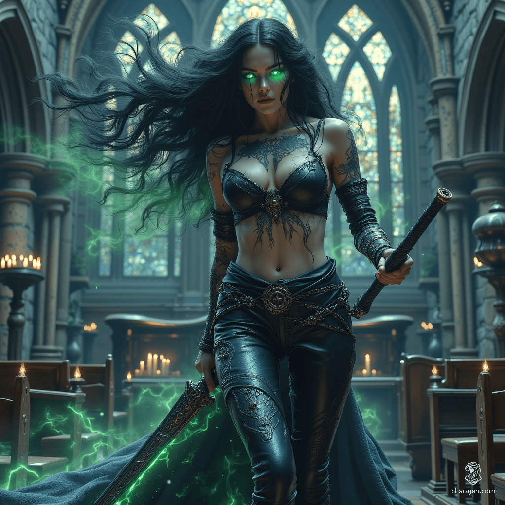 A level 20 human warlock serving the Raven Queen, she commands a two-handed claymore that hungers for souls, exuding an aura of dark magic. Adorned with raven and mist tattoos, her pale skin and green eyes enhance her seductive beauty, as she stands ready for battle, a sardonic smile on her lips.