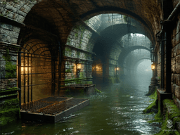 In a vast, decayed underground realm, ancient stone archways loom over a stagnant, murky canal. Moisture-slick walls are draped with moss and creeping roots, while rusted grates guard the shadows. A suffocating mist floats above damp walkways, concealing the sinister echoes of hidden dangers.