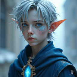 Vollaron, a frail high-elf, possesses sharp, masculine features and tousled silver-gray hair. His piercing blue eyes glow with arcane energy, framed by luminous, intricate marks. Dressed in elegant blue and silver robes, he embodies a serene yet powerful presence, masterfully wielding chronomancy. An hourglass pendant whispers of his heritage.