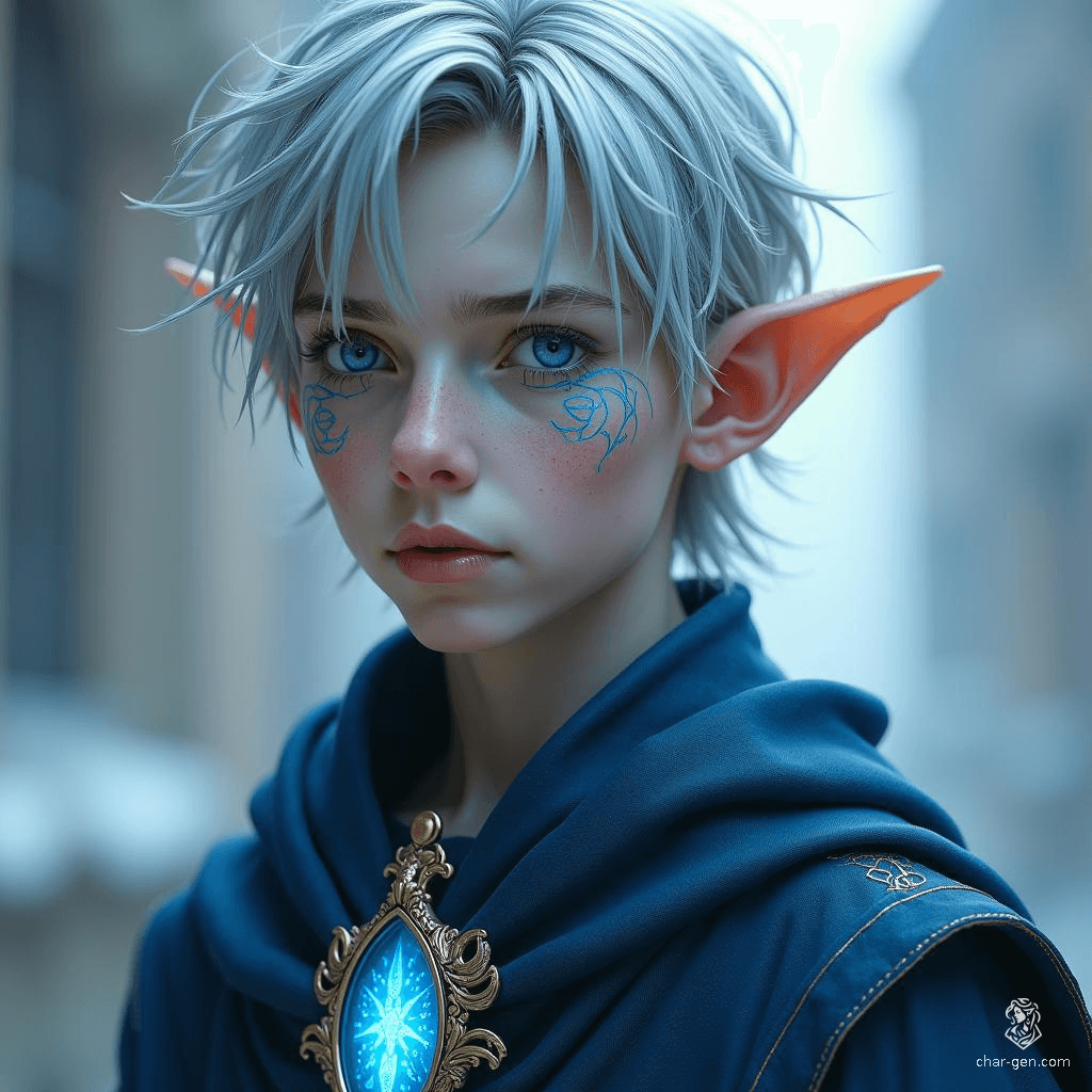 Vollaron, a frail high-elf, possesses sharp, masculine features and tousled silver-gray hair. His piercing blue eyes glow with arcane energy, framed by luminous, intricate marks. Dressed in elegant blue and silver robes, he embodies a serene yet powerful presence, masterfully wielding chronomancy. An hourglass pendant whispers of his heritage.