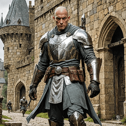 A vigilant, grey-skinned human Ranger with a keen eye patrols the city streets, donning chainmail and a uniform. Their balding head and distinct grey skin contrast sharply with their ranger gear. They work alongside a group of soldiers in worn metal armor, marked by bright red armbands and rank insignias.