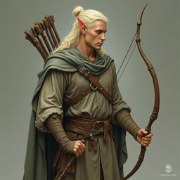 Lysanthir, a pale-skinned wood elf draped in a tattered grey robe, carries the weight of illness upon his slender frame. With flowing blonde hair framing his sorrowful visage, he skillfully wields a longbow, a testament to his enduring spirit amidst fading strength.