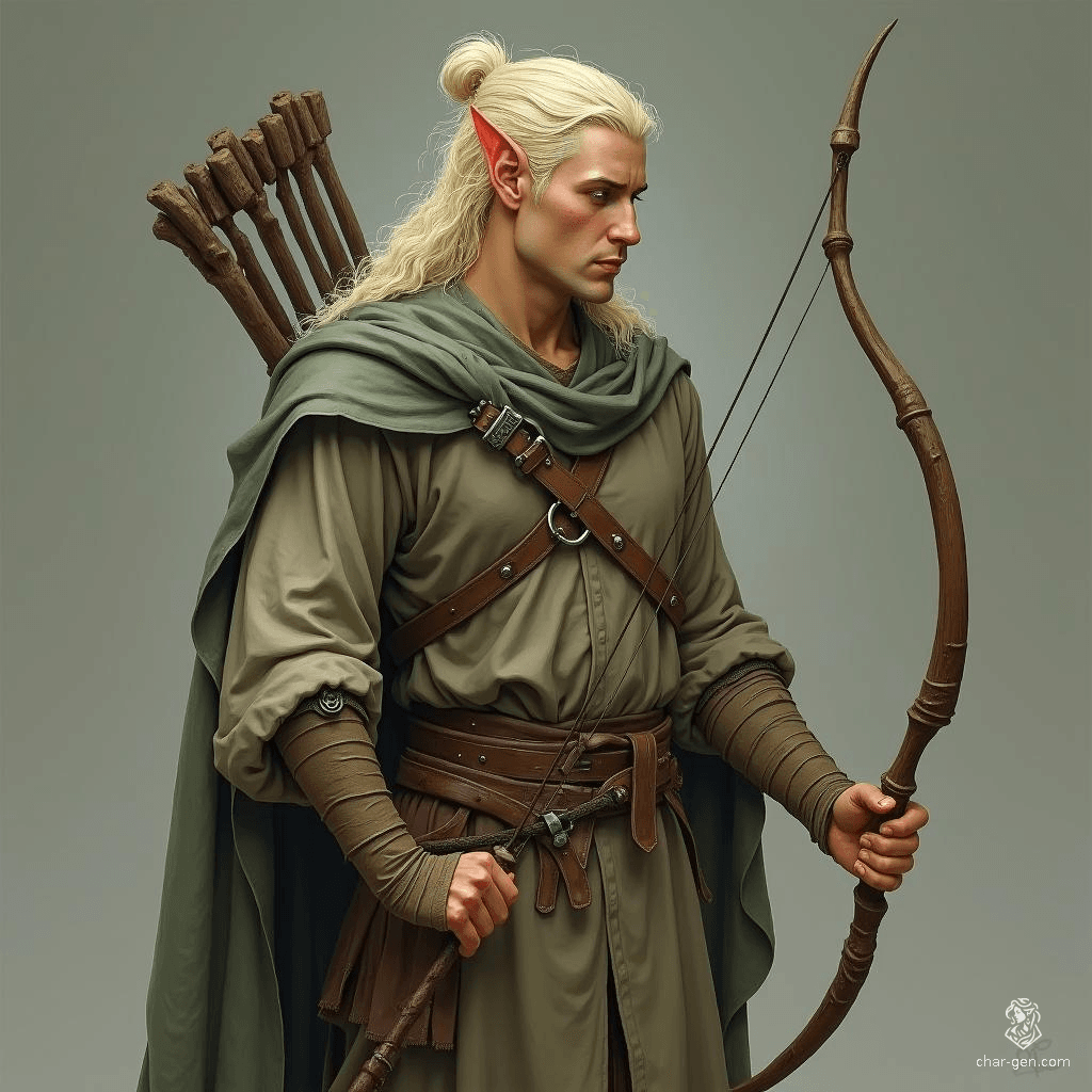 Lysanthir, a pale-skinned wood elf draped in a tattered grey robe, carries the weight of illness upon his slender frame. With flowing blonde hair framing his sorrowful visage, he skillfully wields a longbow, a testament to his enduring spirit amidst fading strength.