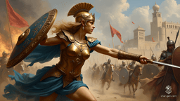Athena is a tall, athletic elven wizard with a warrior's braid of dark blonde hair. Clad in gleaming bronze armor inscribed with wisdom and battle symbols, she charges forward, spear in hand, and shield raised. Her helmet, adorned with a golden plume, complements her flowing blue cloak, fastened with an owl-shaped brooch. She wields a magical tome, her focus unwavering.