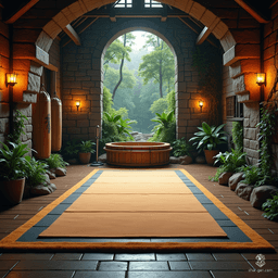 Beneath the earth, a lavish forest-themed sanctuary unfolds—a vast, vibrant room where lush greenery entwines with textured stone walls. Sunlight filters through enchanted skylights, casting dappled patterns on soft exercise mats, while a wooden hot tub invites tranquility amidst the flurry of training dummies and punching bags.
