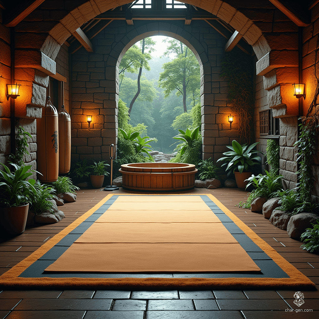Beneath the earth, a lavish forest-themed sanctuary unfolds—a vast, vibrant room where lush greenery entwines with textured stone walls. Sunlight filters through enchanted skylights, casting dappled patterns on soft exercise mats, while a wooden hot tub invites tranquility amidst the flurry of training dummies and punching bags.
