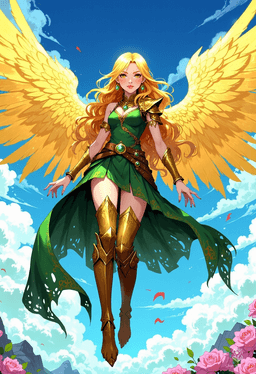 Sigarda, a stunning female angel, embodies celestial grace with her luminous golden hair and radiant green and gold armor. Her solid gold eyes shine brightly as she floats effortlessly in the vibrant sky, captured in bold, dynamic poses and a vivid anime-inspired style that exudes fantasy magic.