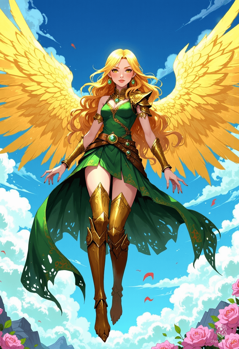 Sigarda, a stunning female angel, embodies celestial grace with her luminous golden hair and radiant green and gold armor. Her solid gold eyes shine brightly as she floats effortlessly in the vibrant sky, captured in bold, dynamic poses and a vivid anime-inspired style that exudes fantasy magic.