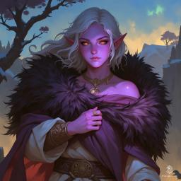 Lunaan is a striking 17-year-old dark elf girl with captivating purple skin and unkempt white hair. Towering and thin, she blends cuteness with an unsettling aura. Clad in tattered, Inuit-inspired robes, she wields a crude spear adorned with ancient runes, hunting in a shadowy, fog-laden forest.