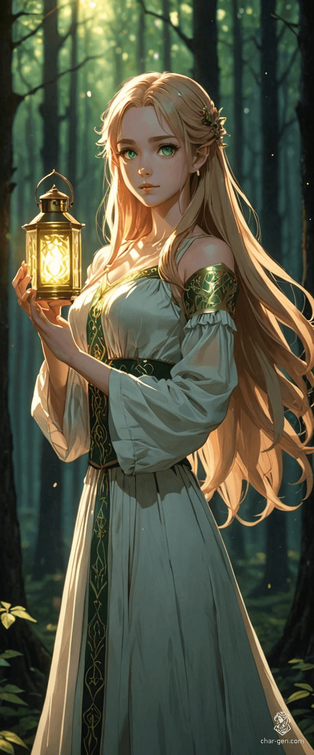 A stunning digital drawing of a Slavic folklore-themed anime character in a 4K quality, featuring a radiant woman with long golden hair and bright green eyes. She wears a glowing light-colored dress, holding a shining lantern amidst shadowy woods, her radiant skin and detailed texture captured in perfect anatomy with an atmospheric, three-dimensional effect.