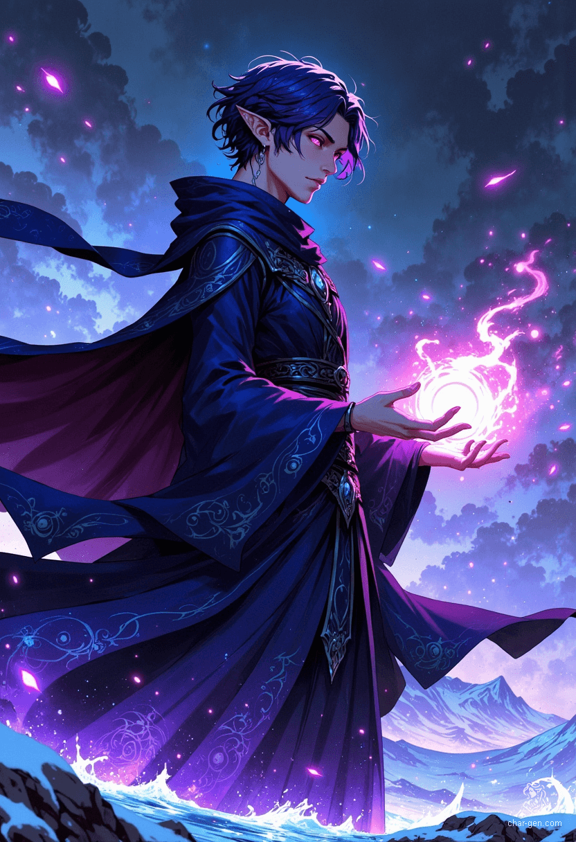 A striking portrait of a slender, ethereal male figure stands against an icy landscape, his glowing violet eyes piercing through the cold. Clad in an elaborate dark blue robe, his short, dark purple hair sways in the frigid wind as magic emanates from his beautifully detailed hands, creating an enchanting aura.