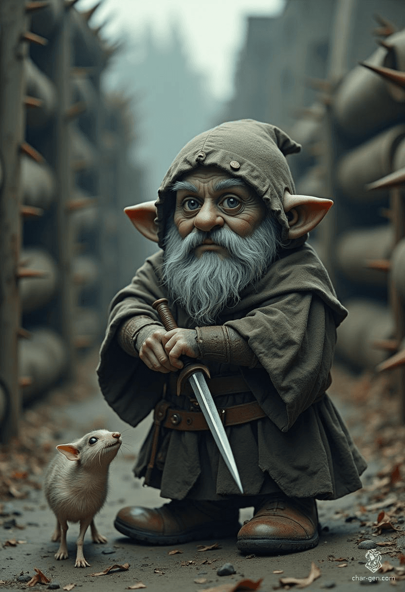 Shifty McGee is a nimble, gray-skinned deep gnome ranger with stormy eyes and a well-shaved head. His stealth-enhancing woodland cloak complements his rogue aesthetic. Armed with a dagger and accompanied by loyal snakes, he thrives in the shadows while facing his claustrophobia.