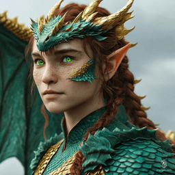 Shanyn, a 20-year-old half-dragon, half-human fighter, stands at 6'2" with striking freckled gold scales and green eyes. Raised by her noble human father, she wields various weapons with confidence. Despite her noble lineage, she harbors a secret: she is actually a dragon hatchling in disguise.