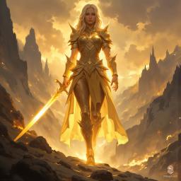A powerful female paladin radiates divine energy in shimmering golden armor that highlights her athletic form. With glowing hair and an intense gaze, she leaves trails of luminous particles as she strides across a rocky mountainside at dawn, her golden sword illuminating the mystical landscape.
