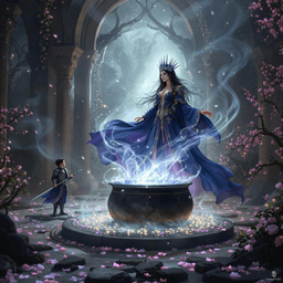 In a grand, ethereal ballroom, a mesmerizing scene unfolds: a regal, ethereal woman floats midair, her dark blue and violet robes billowing with magical energy. A silver-blue spiked crown accentuates her queenly presence. Beside her, a younger armored woman with a white cape clutches a quarterstaff. Both are frozen in a desperate reach toward a cauldron exuding dark vapors, a mystical and high-detailed fantasy tableau.