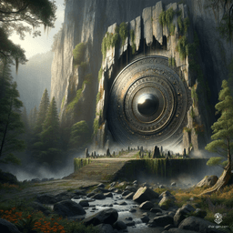 Nestled within the embrace of a colossal rock formation, the ancient altar rises, intricately carved by time. Mist curls around its base, while a shimmering black metal disc pulsates at its center, surrounded by luminescent crystals that bathe the rugged stone in ethereal light, beckoning adventurers with its mysterious allure.