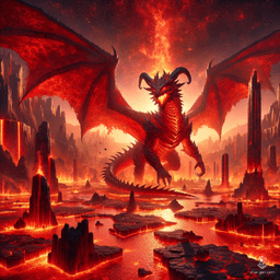An ancient red dragon with fiery scales, imposing red wings, and a blazing aura, radiates intense heat. Covered in magma, this gigantic creature embodies destruction and power, capable of incinerating anything in its path.