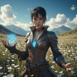Jouli is a middle-aged investigator mage of East Asian descent, standing 5'4" with a lithe frame and strikingly gorgeous features. Her fair skin shimmers under the afternoon sun, and her bright eyes reflect concern as she conjures a glowing blue rune. Clad in intricately embossed leather armor, she balances her roles as a fierce protector and meticulous librarian among towering bookshelves.
