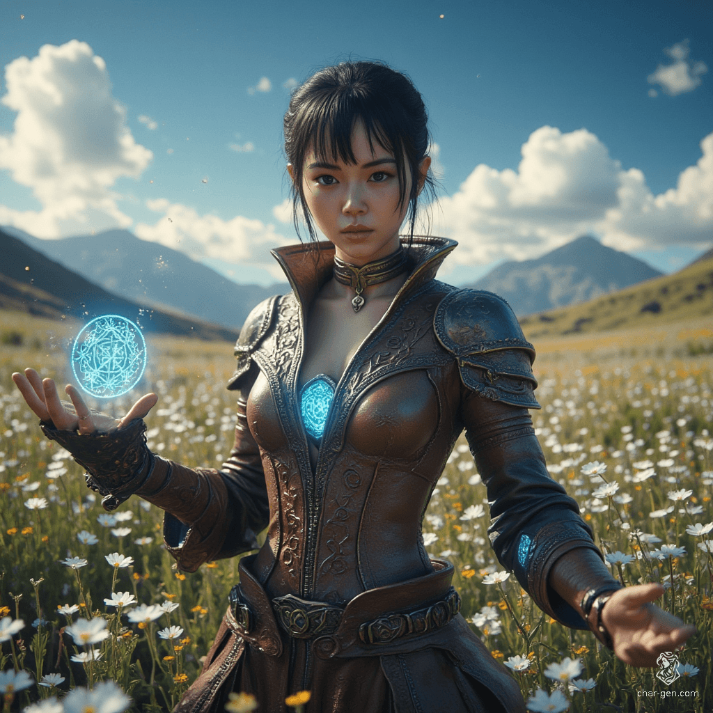 Jouli is a middle-aged investigator mage of East Asian descent, standing 5'4" with a lithe frame and strikingly gorgeous features. Her fair skin shimmers under the afternoon sun, and her bright eyes reflect concern as she conjures a glowing blue rune. Clad in intricately embossed leather armor, she balances her roles as a fierce protector and meticulous librarian among towering bookshelves.