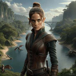 Izzy, a perky halfling assassin, blends youthful beauty with lethal competence. Standing 1.5 meters tall, she sports a tight brown leather breastplate and shimmering green-scaled arms. Her striking yellow-green eyes, like a serpent's, reveal her predatory nature, as she lurks in shadows, poised for the thrill of the hunt.