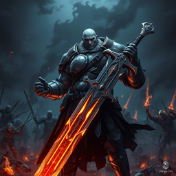 Sig Curtis is a towering, robust warrior standing at 2 meters, bearing a grim yet determined expression. Clad in battered half-armor, he wields a magnificent, glowing great sword with both hands. A dark aura envelops him as he prepares for battle, embodying strength and resilience amidst chaos.