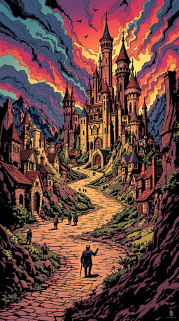 In a vibrant castle-town, the Crest of the Sword denotes the cities brave Guardians. Illustrated in a bold comic book style, with strong cell-shading and dramatic lighting, these heroes often are all that stands between this charming town on the edge of the wildlands and the wildlands themselves. Detailed line work and high contrast bring their thrilling adventures to life against a backdrop of colorful chaos.