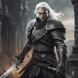 Haunted by a dark past, this 235-year-old male Shadar-kai rogue weaves through shadows with nimble grace. Clad in intricate leather armor, his striking white hair and obsidian eyes mirror the magic surrounding him. Armed with a dagger, he seeks redemption by hunting evil in the realm.