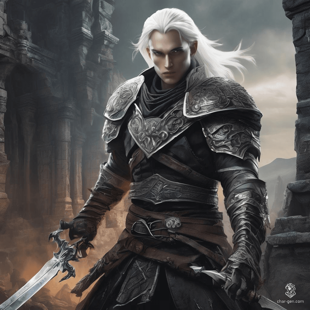 Haunted by a dark past, this 235-year-old male Shadar-kai rogue weaves through shadows with nimble grace. Clad in intricate leather armor, his striking white hair and obsidian eyes mirror the magic surrounding him. Armed with a dagger, he seeks redemption by hunting evil in the realm.