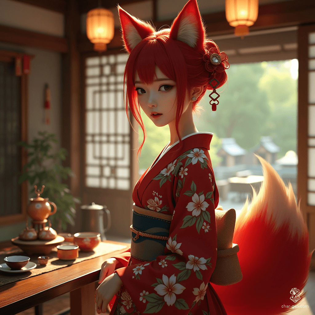 A stunning courtesan of Asian descent, this 32-year-old woman boasts bold cherry red hair and strikingly fair skin. Dressed in an elegant kimono, she features red fox ears and three luxurious tails, embodying the graceful allure of a Kitsune with an almost ethereal, angelic presence.
