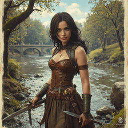 Izzy, the newly emancipated assassin, is a perky halfling with a dangerous allure. Standing at 1.5 meters, her striking yellow-green serpentine eyes and shimmering green scales hint at her lethal nature. Dressed in tight brown leather, she lies in wait, a confident predator armed with poisons and concealed daggers, embodying a thrilling blend of beauty and malice.