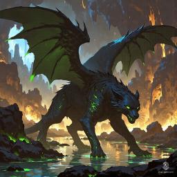 In a dimly lit cavern by a vast underground lake, a menacing displacer beast-dragon hybrid prowls. It boasts black dragon scales and a panther-like head, with eerie light-emitting tentacles beneath green-tipped wings. Acid drips from its claws as it stalks through the obscuring mist, creating a haunting atmosphere amidst the stalactites.