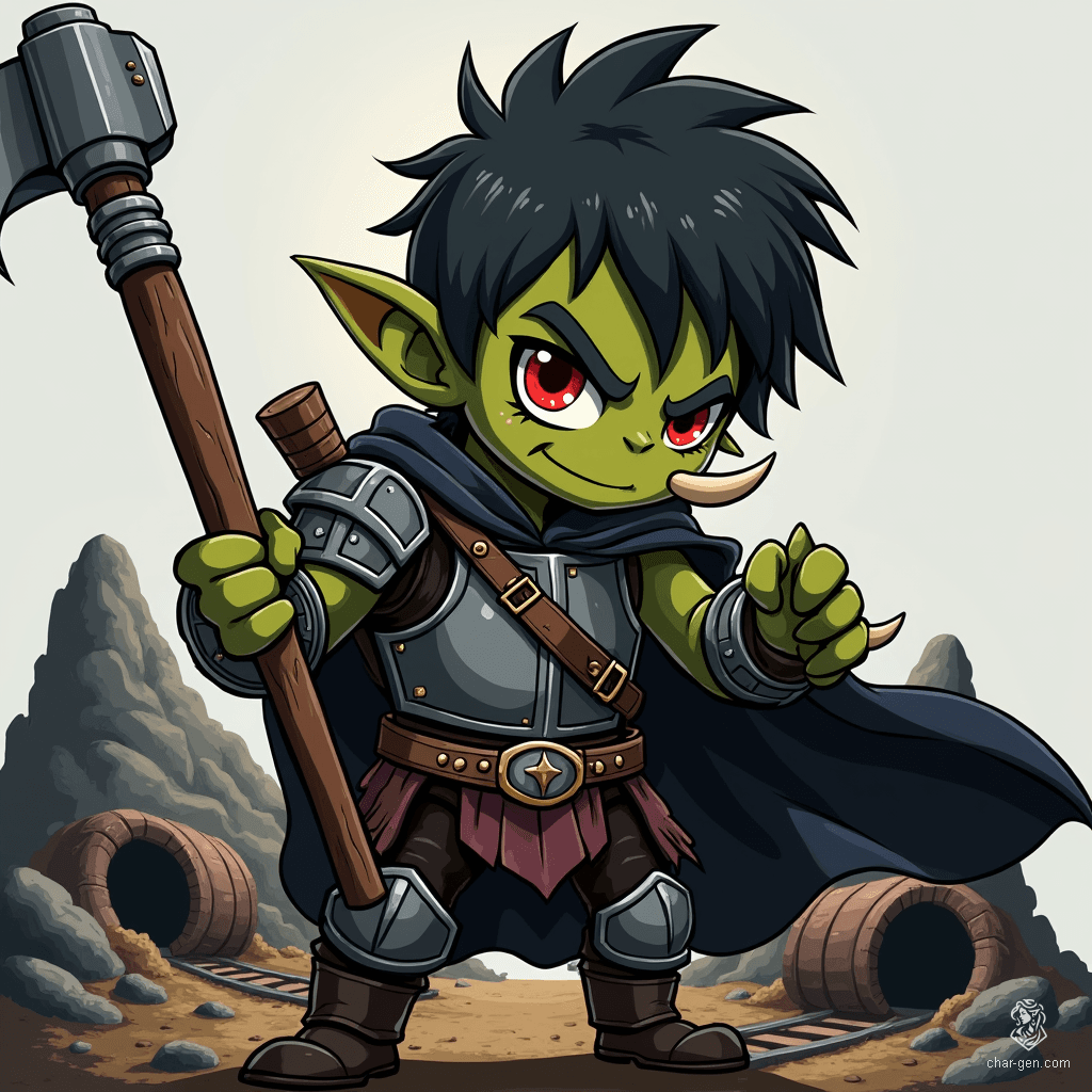 An imposing orc warrior stands heroically, clad in steel armor accented with brown leather straps and a dark cloak. His green skin contrasts sharply with his messy black hair and fierce red eyes. Prominent tusks jut from his jaw, while a double-headed axe rests confidently on his back, ready for battle.